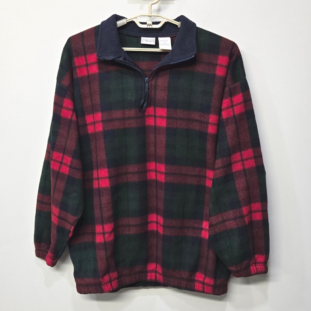 Vintage 90s Bugle Boy Men XL Fleece Pullover Jacket 1/4 Zip Tartan Plaid Holiday